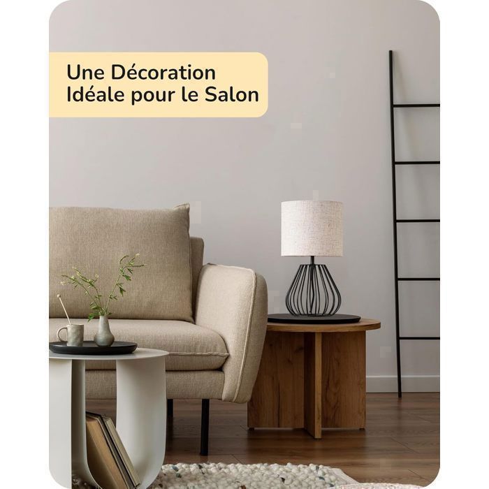 Lámpara de mesa EDISHINE, metal y lino beige, base en forma de lágrima, bombilla LED E14 incluida.