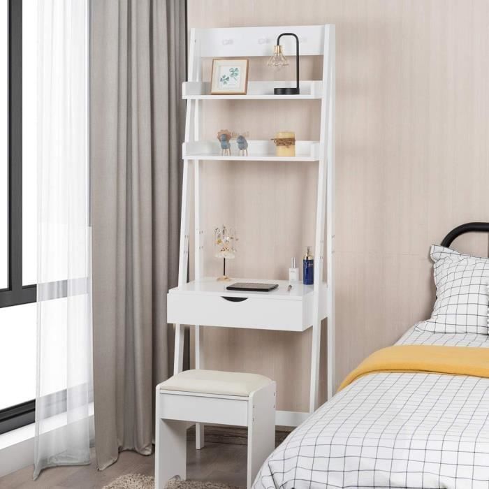 GIANTEX Dressing Table with Stool, Makeup Table with Folding Mirror, Hook and 6 Storage Compartments, White