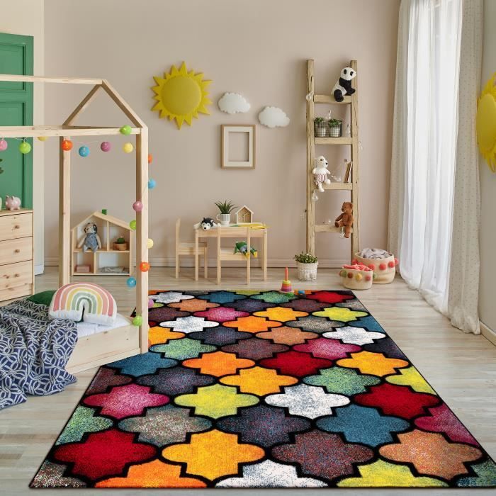 Paco Home Tapis Salon Chambre Adulte Poils Ras Motif Oriental Moderne 3D Rouge Jaune Bleu 200x290 cm