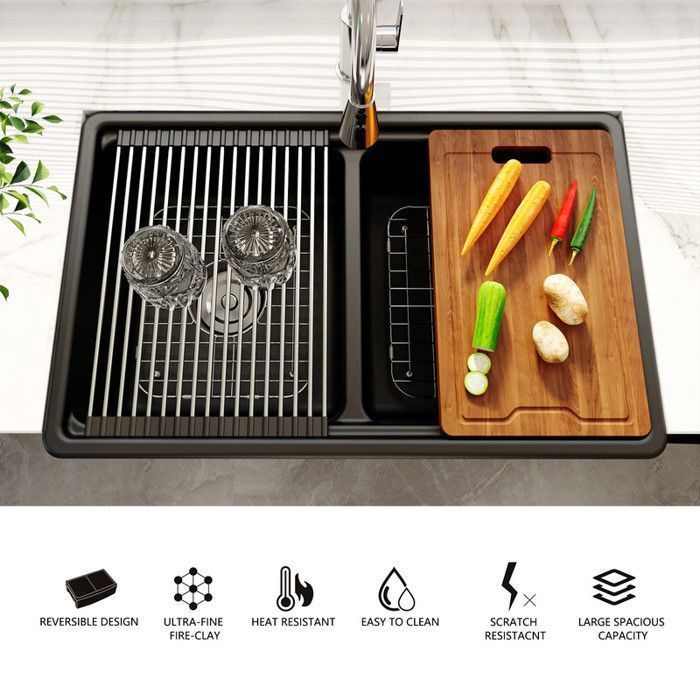 Fregadero de cocina de cerámica negra estilo rústico MEJE de 83,8 x 50,8 cm con borde escalonado - fregadero estampado - doble cubeta con faldón frontal