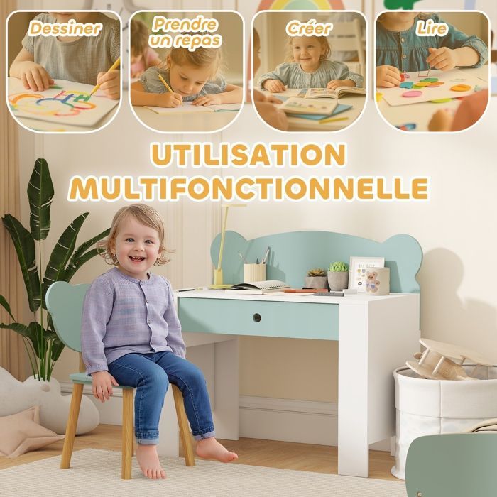 Conjunto de escritorio y silla infantil - AIYAPLAY - Edades de 3 a 8 años - Cajón y tablero grande - MDF - 80 x 41 x 74,5 cm - Verde