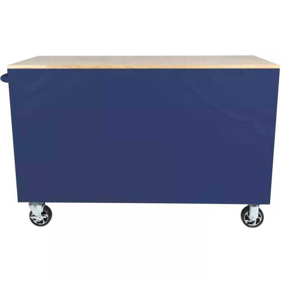 Banc de lucru mobil cu cutie de scule adâncă, lățime 56 inci, 5 sertare, 1 ușă, albastru strălucitor, blat din lemn masiv
