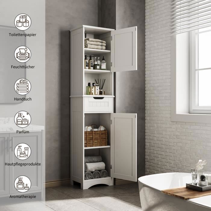 Bealife Meuble Colonne de Salle de Bain avec 1 Tiroir, 1 Étagère Ouvertes, 1 Étagère Réglable et 2 Portes, Hauteur 170cm, Blanc