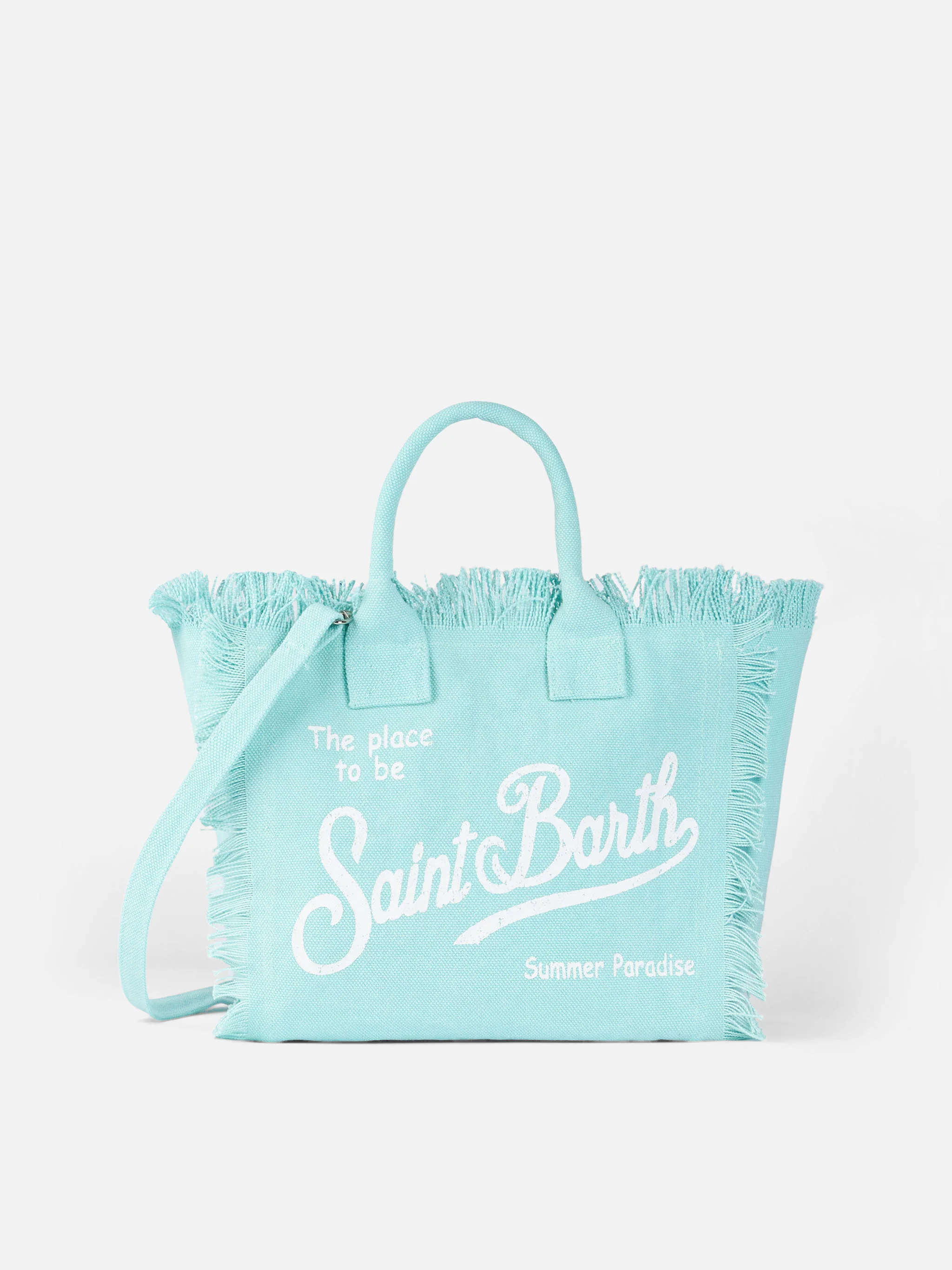 Colette katoenen canvas handtas met franjes - watergroen met Saint Barth-logo en ritsvak | MC2 Saint Barth
