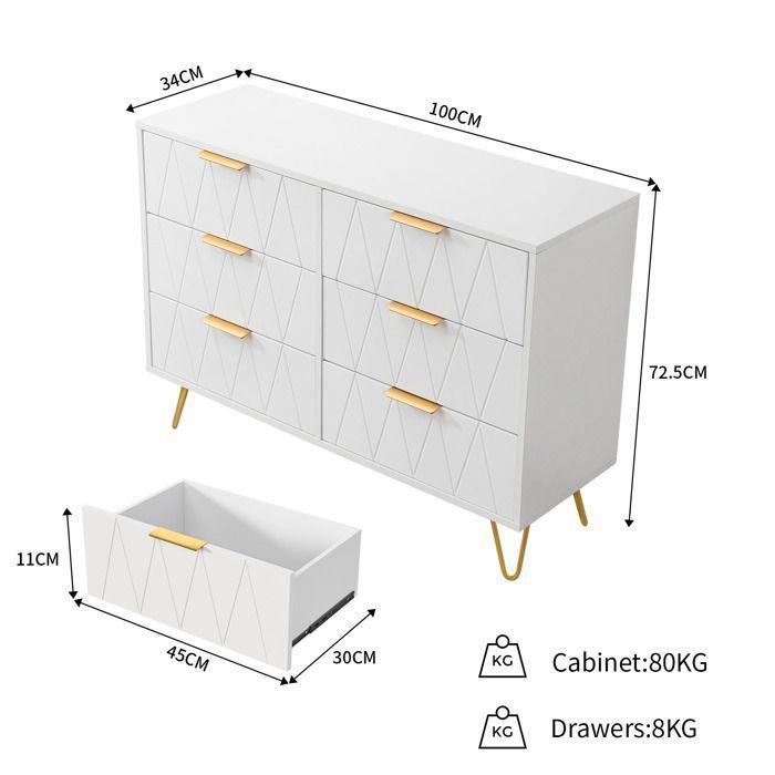 Kommode – SOMUBI – Rautenmuster – 6 Schubladen – Elegantes Design – Weiß
