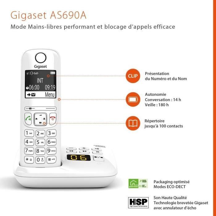 Teléfono inalámbrico AS690 A Trio blanco - GIGASET - Monocromo - 20 tonos de llamada - Manos libres