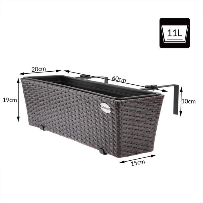 2x Bac à fleurs en polyrotin marron Jardinière pour balcon Pot de fleur avec fixation Terrasse Fenêtre Balustrade