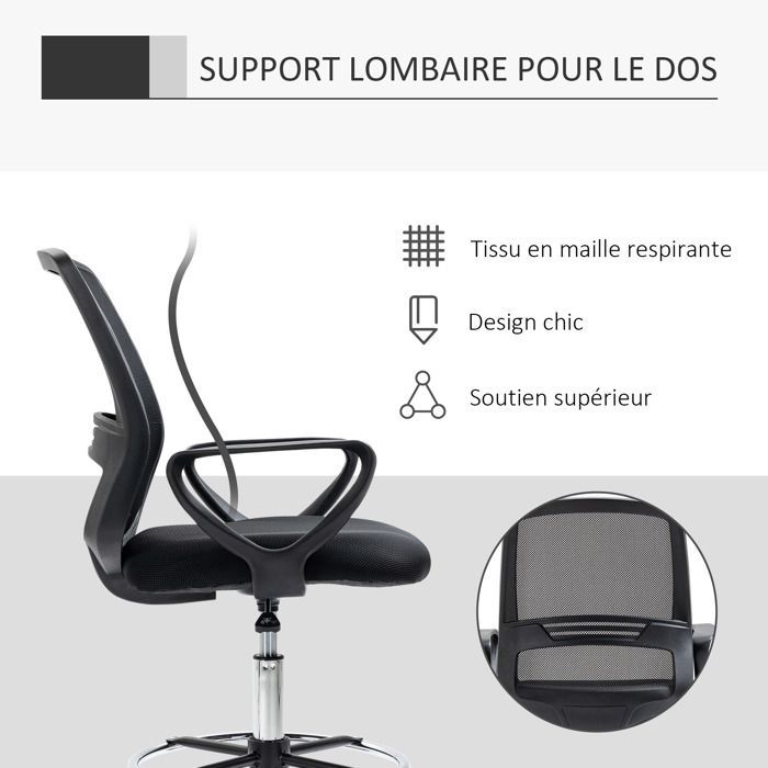 Office chair - Vinsetto - adjustable high seat - dimensions 59.5L x 60W x 102.5-126H cm - 360° swivel - breathable mesh - black