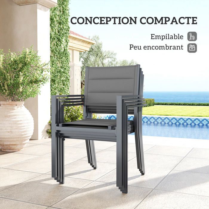 Conjunto de muebles de jardín Outsunny: mesa extensible con 4 sillas apilables, fabricado en aluminio y textilene, color gris oscuro.