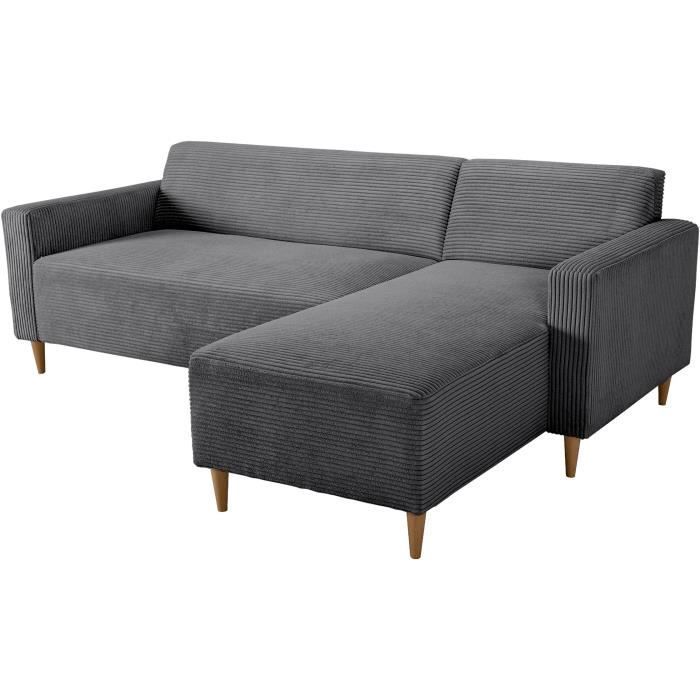 Canapé d'angle fixe réversible - 4 places - BOB - Velours cotelé Anthracite - 197 x 138 x 65 cm