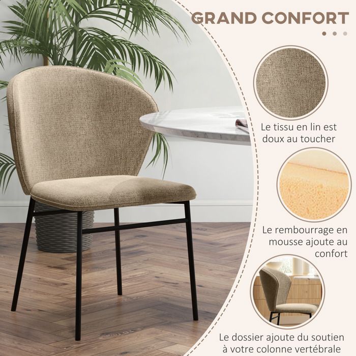 Juego de 2 sillas de comedor - HOMCOM - asiento tapizado en tela con aspecto de lino - patas de acero - diseño moderno - marrón claro