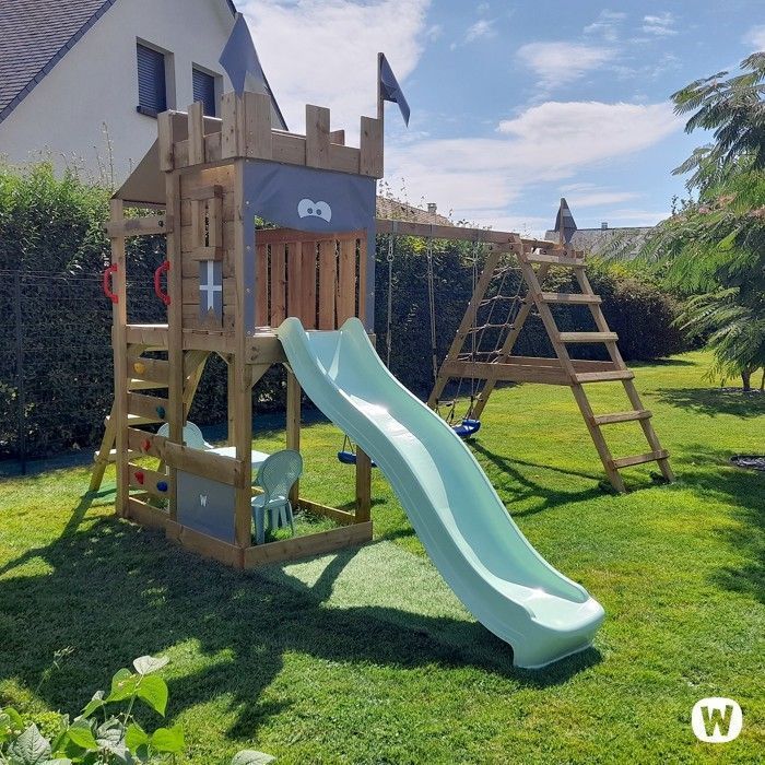 Zona de juegos de madera WICKEY DragonFlyer Flyer XXL con columpio doble, tobogán de 220 cm, verde pastel – 10 años de garantía*