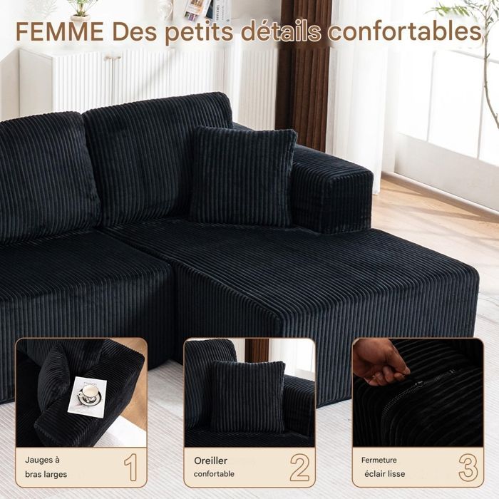 Panoramic U-shaped corner sofa, 4-seater, modular sofa, armrests, corduroy upholstery, spring and high-resilience foam cover, black
