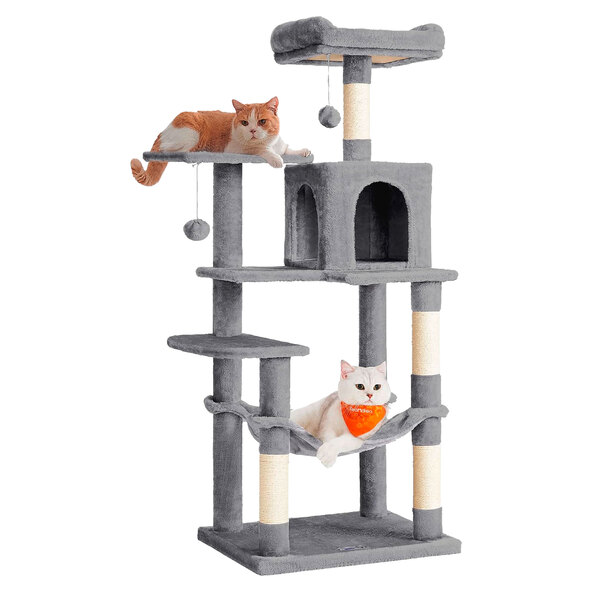 Kattehus 143 cm, med 4 kradsetræer, 2 platforme, hængekøje og hule