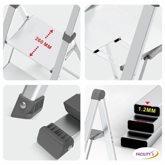Taburete plegable de aluminio de 3 peldaños - Ultraligero, ahorra espacio, antideslizante