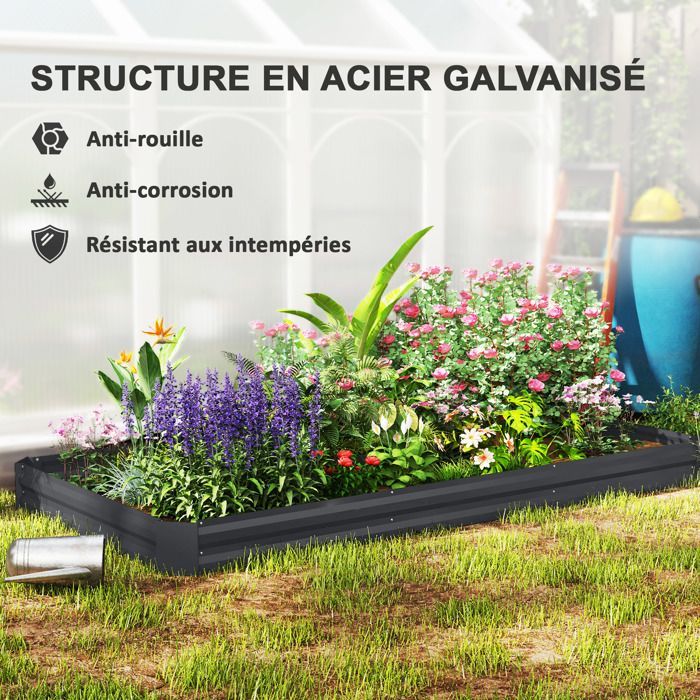 Vaso de jardim para exterior - Outsunny - com borda de segurança e fundo aberto - fabricado em aço galvanizado - 240 x 120 x 30 cm - cinza escuro