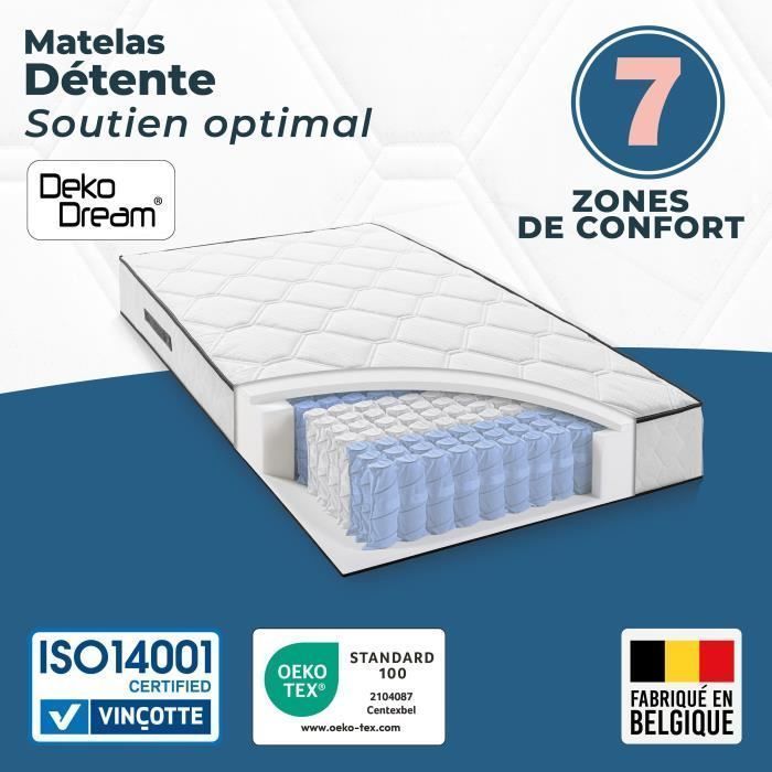 Conjunto de colchón y base de cama de 90 x 190 cm y 27 cm de altura - muelles ensacados - 7 zonas - reversible - fabricado en Bélgica - DEKO DREAM