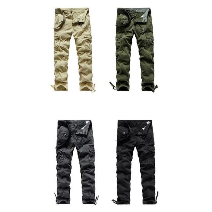 Pantalon Cargo Militaire Homme en Coton Coupe Droite Pantalon Multi-poches Couleur Unie - Vert camouflage