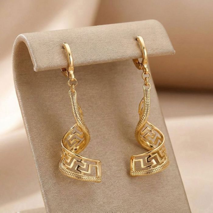 Boucles d'Oreilles - Femme - Pendantes - Spirale - Grecque – Plaqué Or Jaune 750/1000 - 45 mm