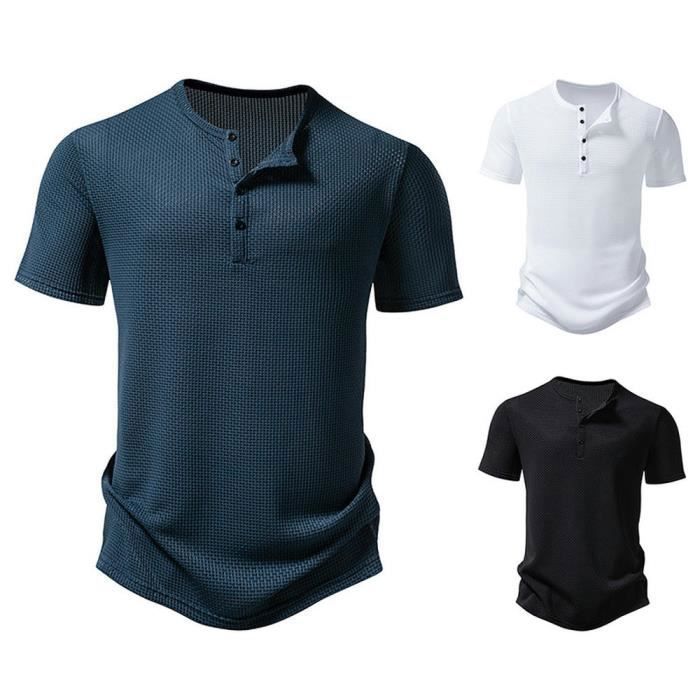 T-shirt Henley da uomo a vestibilità regolare, girocollo estivo, blu - INSFITY - Taglia UE - Nylon - Elastan