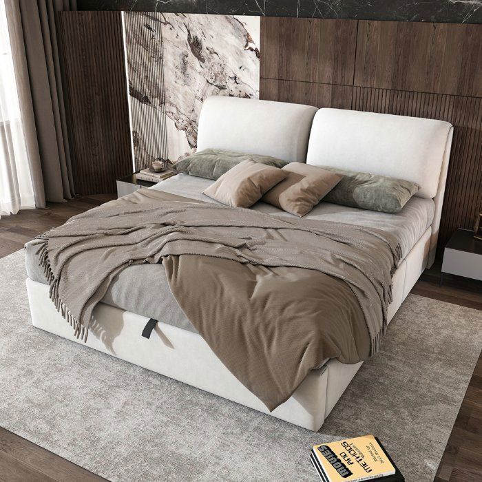Cama O.Ye de 180x200 con base de listones, cama doble con 3 cajones de almacenamiento, tamaño king, estructura tapizada, color beige. CAMA COMPLETA.