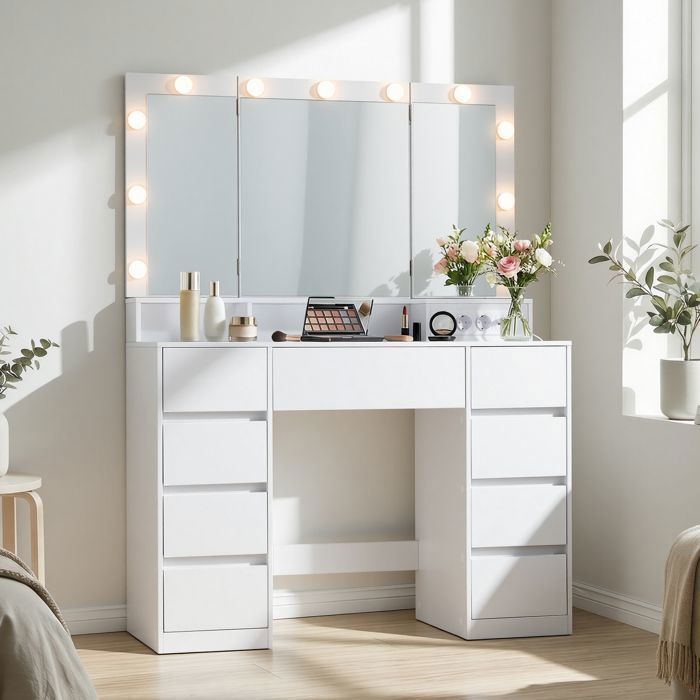Coiffeuse avec 9 Tiroirs, Miroir Triple Pliable, Éclairage LED 3 Couleurs, Chambre, Multiprise Intégrée, Blanc