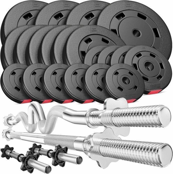 Hop-Sport halterset van 105 kg, bestaande uit stangen van 167 cm, Super SZ-stangen van 120 cm en 2 stangen van 45 cm, en gewichtsschijven van 4x10, 6x5, 4x2,5 en 6x1,25 kg.