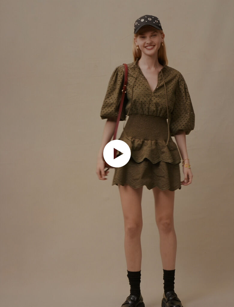 Korte jurk met broderie anglaise - Kaki