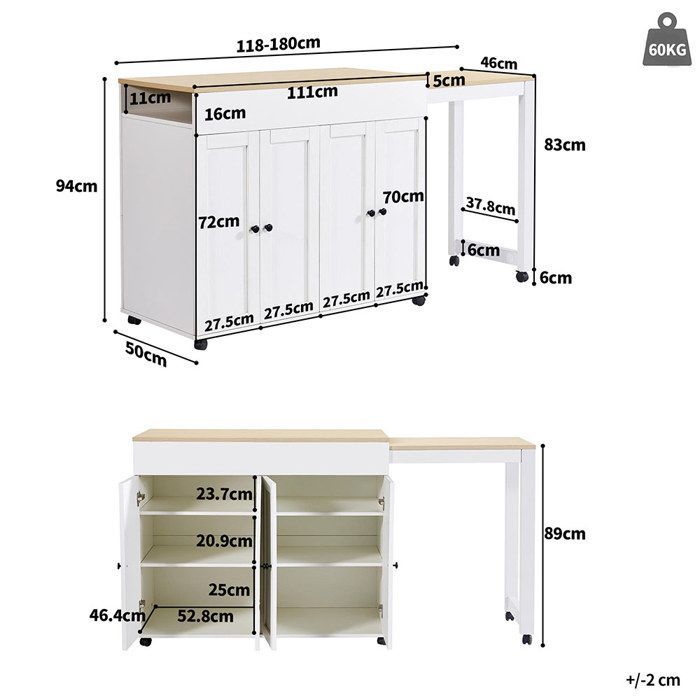 Ilot Central de cuisine moderne Desserte de Cuisine Table de bar extensible avec 6 surfaces de rangement Blanc(118-180×50×94cm)