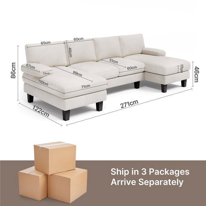 Divano angolare panoramico - Bealife - 4 posti - Forma a U - Velluto a coste - 2 chaise longue - Stile scandinavo - Beige