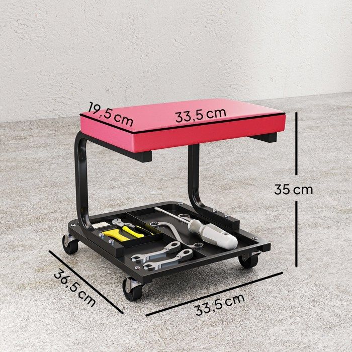 Taburete de mecánico - HOMCOM - Capacidad de carga de 135 kg - Bandeja para herramientas, ruedas giratorias de 360° de suave rodadura - 36,5 x 33,5 x 35 cm - Rojo