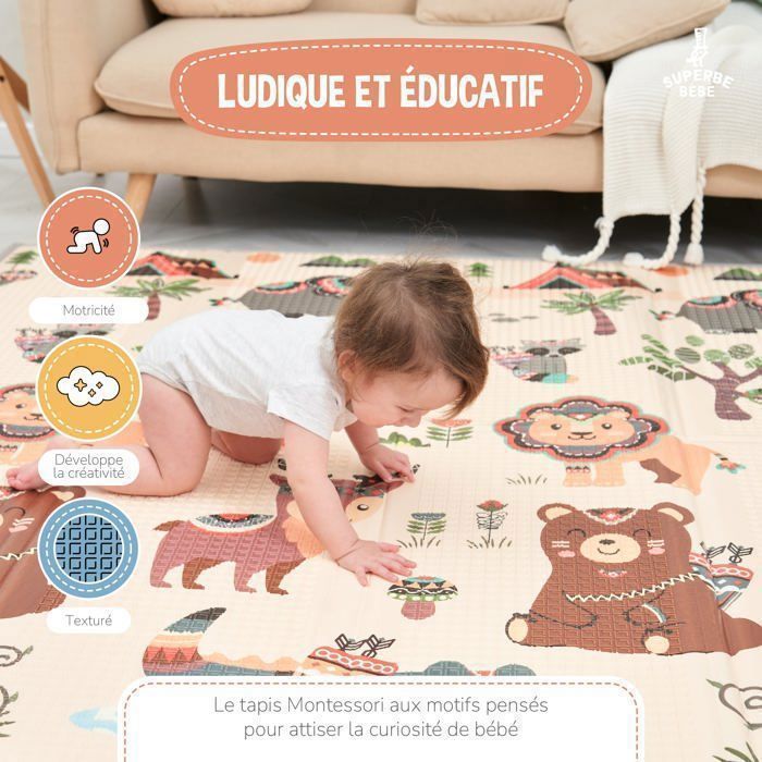 Omkeerbare en waterdichte opvouwbare speelmat - 200x180x1,5 cm | Schuimrubberen speelmat voor kinderen - MONUMENTS | SUPERB BABY