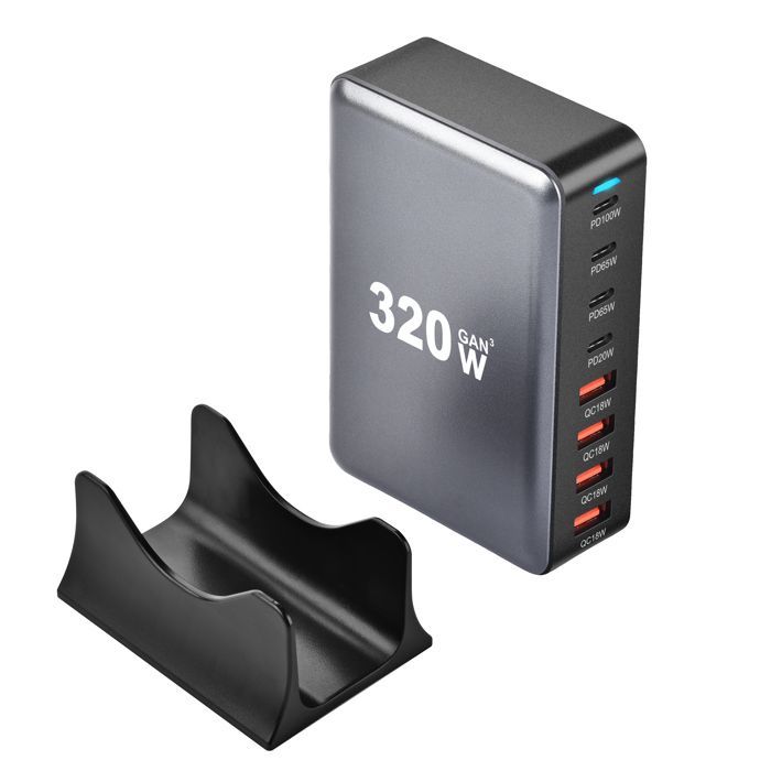 Cargador USB-C multipuerto de 320 W, estación de carga rápida con tecnología GaN III de 8 puertos y regleta de alimentación USB de 4 A + 4 C, color gris.