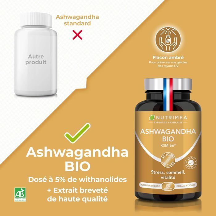 Orgaaninen ashwagandha KSM-66® 600 mg Adaptogeeni – Stressi ja mielen hyvinvointi – 90 vegaanista kapselia – Nutrimea – ranskalainen asiantuntemus