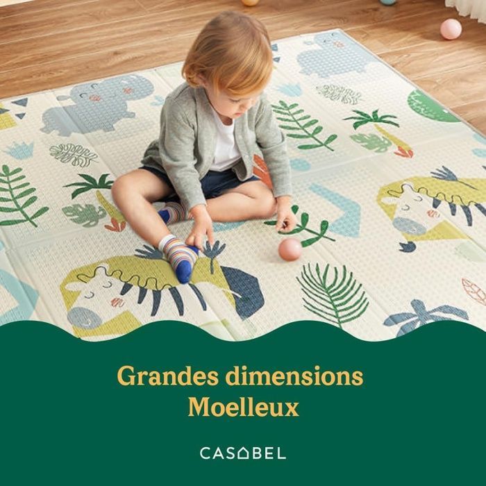 Alfombra de juegos para bebé CASABEL de 175x150cm, plegable e impermeable, con diseños de dinosaurios y selva.