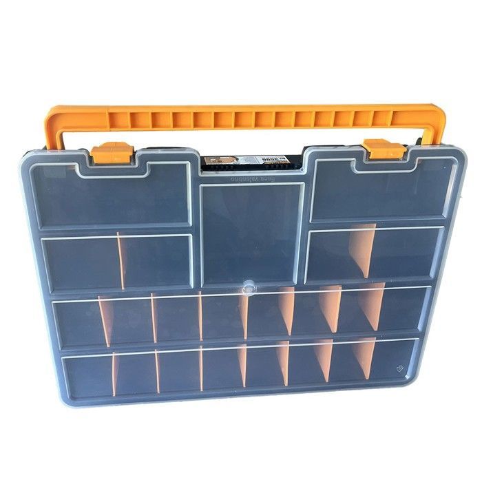 Caja organizadora profesional con 23 compartimentos extraíbles, color negro y naranja, 44,3 x 31,7 x 8 cm, INTEC