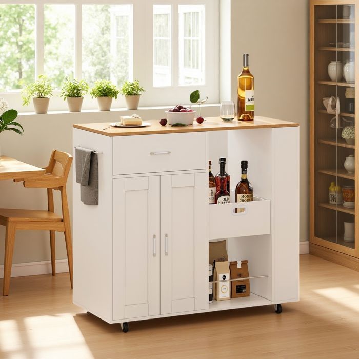 Carrito de cocina con ruedas - 102x46x92 cm - 2 puertas - 1 cajón - Blanco