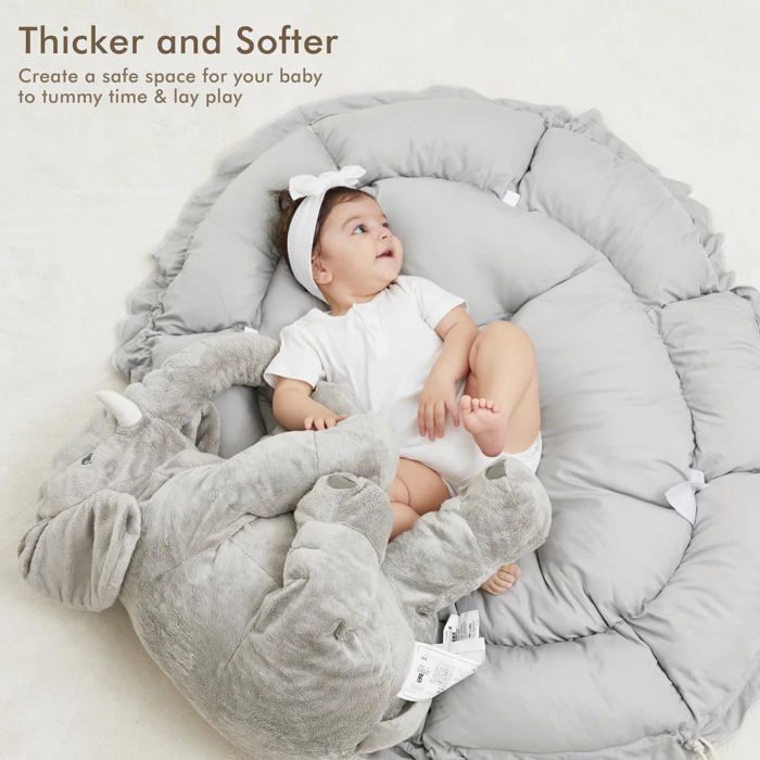 Alfombra de juegos acolchada y reversible para bebés – 120x90x73 cm – Cómoda, incluye juguetes sensoriales (gris)