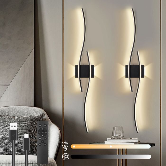 2 apliques LED modernos de pared, diseño curvo, recargables, temperatura de color ajustable de 3000 a 6000 K, control remoto para dormitorio, sala de estar o entrada.