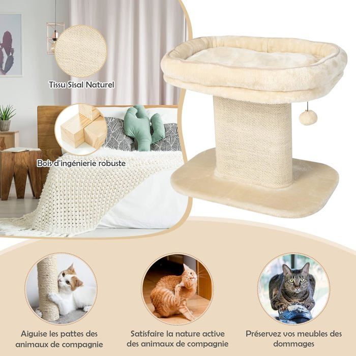 COSTWAY Arbre à Chat en Forme de Tour 50CM-Lit Grand Perchoir en Peluche-Pompons Suspendus-Tour à Gratter en Sisal pour