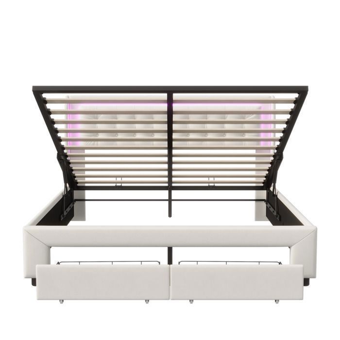 Double bed 140x190 cm - SUNFECILI - Storage with slatted base - LED - Beige - Hydraulic storage