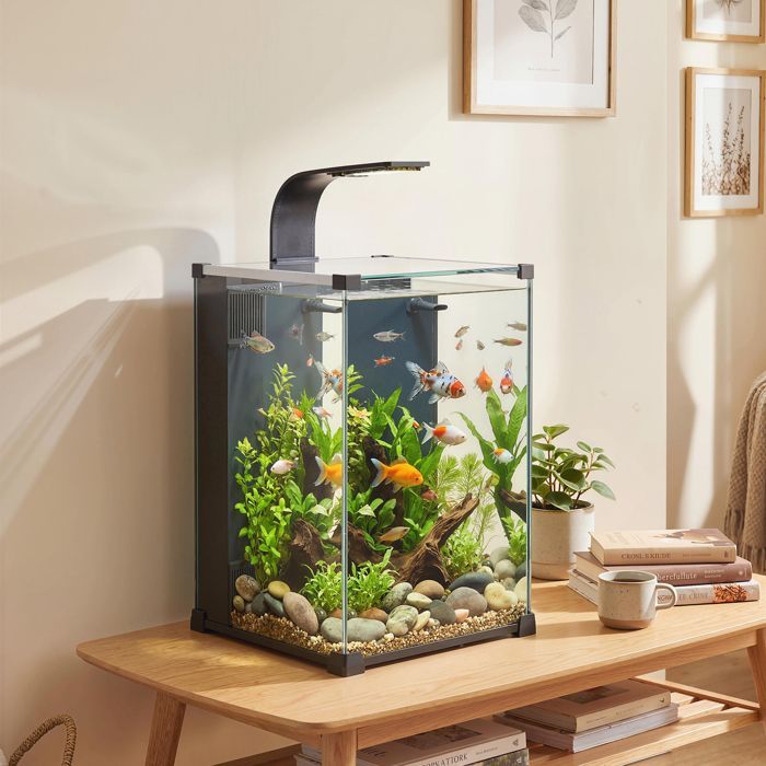 Aquarium - PawHut - 36L, nano aquarium avec filtre intégré, pompe 5W et éclairage LED - verre trempé - 30x30x45cm - noir