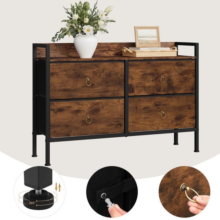 Commode Chambre WOLTU - Meuble 4 tiroirs en Tissu - Cadre en Acier - Effet de Bois Brûlé+Noir W0ITT7055