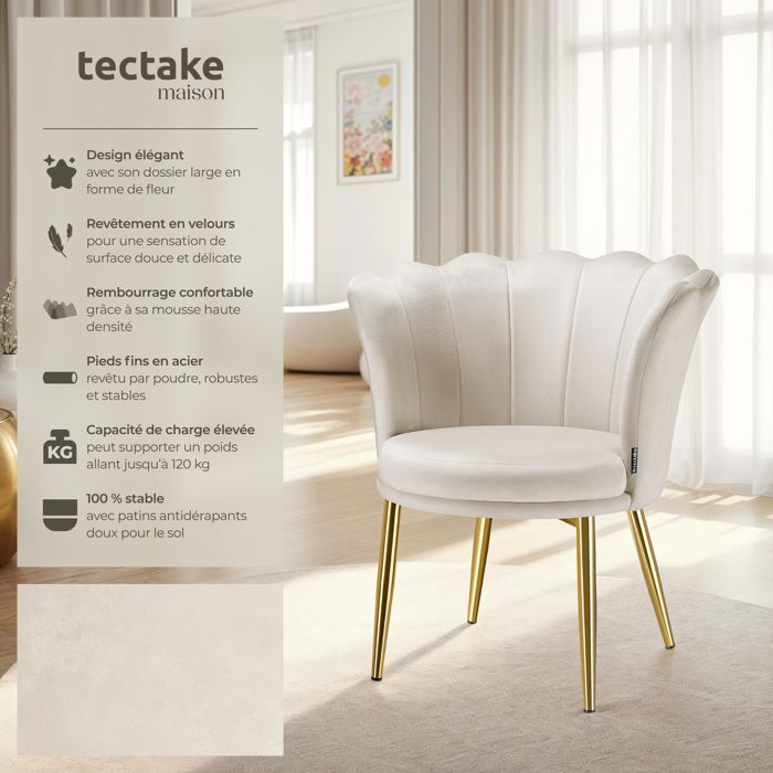 Chaise - TECTAKE - Fauteuil de bureau STELLA rembourré dossier en forme fleur avec revêtement velours 67 x 64 x 76 cm - Crème/Or