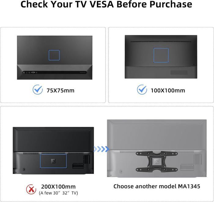 Wandhalterung für 13- bis 32-Zoll-Flachbildschirme und -Fernseher (flach/gebogen), 360°-Drehung, 20°-Neigung, VESA 75x75 / 100x100 mm