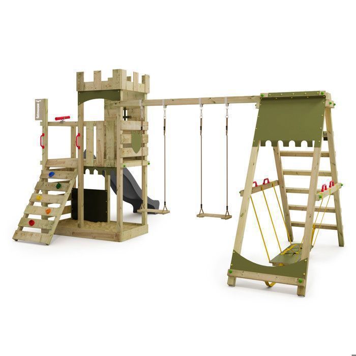 Tour de jeux bois FATMOOSE BoldBaron XXL avec SurfSwing, toboggan 220 cm anthracite et mur d’escalade – 10 ans de garantie*