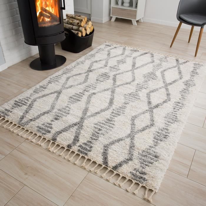 TAPISO VERSAY Langflor-Wohnzimmerteppich, Cremegrau, Berber-Polypropylen, für den Innenbereich, 120 x 170 cm