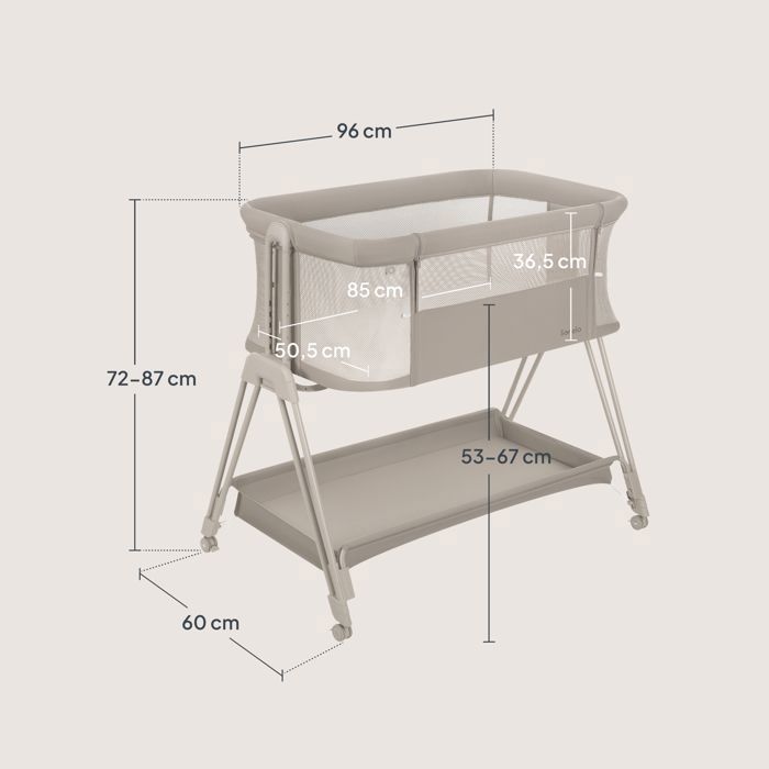 Lit cododo bébé 3en1 LIONELO Luna - Berceau - 4 x Roulettes - Matelas inclus - Hauteur et inclinaison réglables - Beige