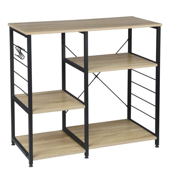 WOLTU Kitchen Shelf, Microwave Rack in Metal and Wood with 5 Shelves, 90 x 40 x 83.5 cm, Black + Light Oak