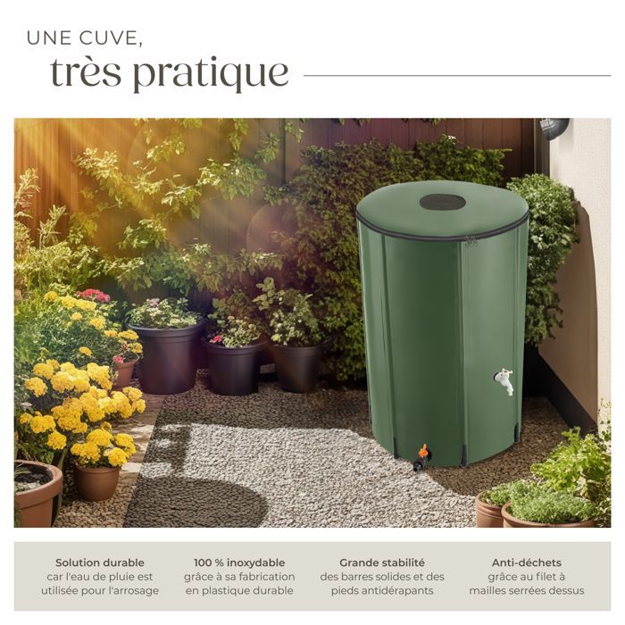 Depósito de agua de lluvia - TECTAKE - Barril de recogida de agua de lluvia fabricado en cloruro de polivinilo con una capacidad de 380 L - Verde